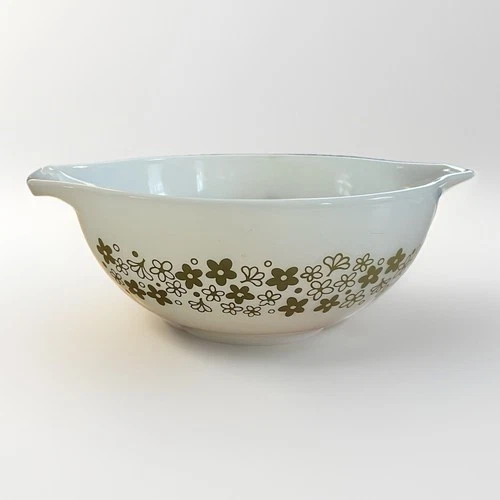 Vintage Pyrex 443 Mixing Bowl Spring Blossom Crazy Daisy 2.5 Quart White & Green