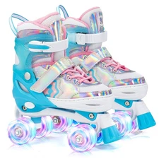 SULIFEEL Rainbow Unicorn 4 Size Adjustable Light up Roller Skates for Girls B...