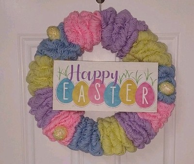 Decorative 18'' Easter Yarn Wrapped Wreath Glitter Eggs & Sign Handmade