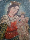 Antique Mexican Retablo Folk Painting, Oil on Tin Madonna & Child 9 5/8”x 5"