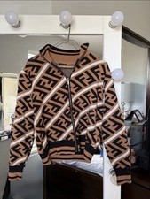 Fendi Men's Full Zip Knit Sweater Logo Graphic Print Brown Black Beige Collared