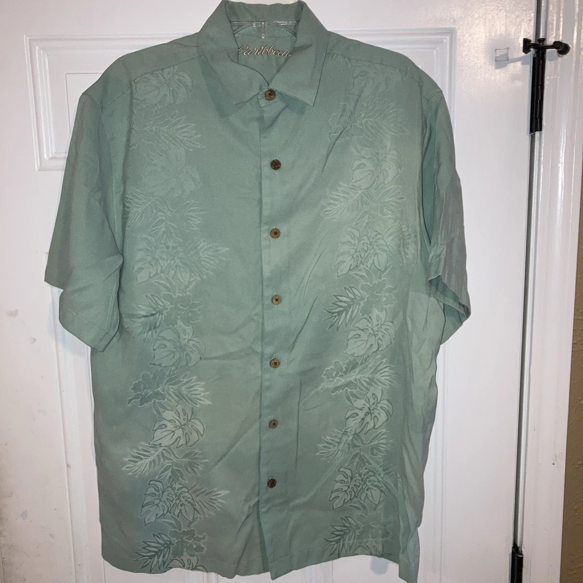 Chemise Hawaïenne Homme Caribbean Joe, Taille L, Verte à Fleurs, En Soie Lavable Manches Courtes