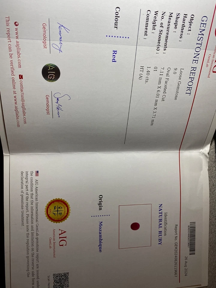 Ruby 1.40 carat AIG certified oval cut loose gemstone - Image 2 of 4