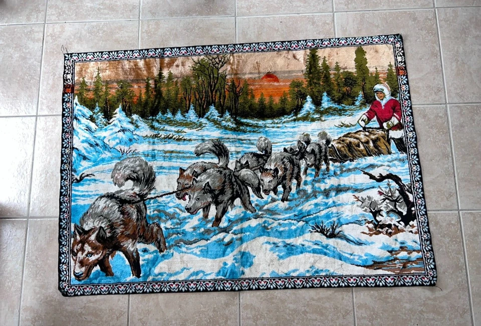 Tapiz colgante de pared grande vintage de Alaska trineo para perros Husky puesta de sol 54" x 38" W Foto 2 de 4