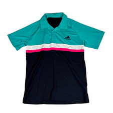 Adidas Polo Shirt Men's M Green Pink Striped Golf Performance Stretch Climalite