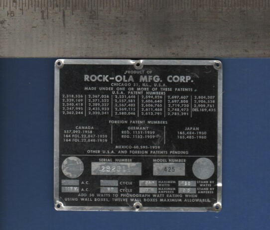 Rock-ola 425 Grand Prix # 282011 serial number identification plate | eBay