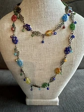 Sweet Romance Long Necklace Millefiori Multi Color Glass Beads Fringe Gold Tone