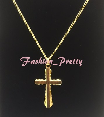 PRETTY WOOD AND GOLD PLATED STAINLESS STEEL OUTLINED CROSS NECKLACE, 24 INCHES