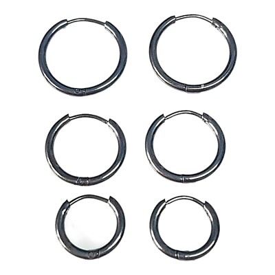 3 Paar Set schwarze kleine dünne Creolen Edelstahl Ohrringe 