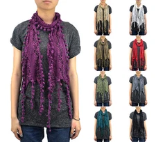 12 PCs Wholesale Women's Furball Fringe Lace Scarf Embroidery Tassel Sheer