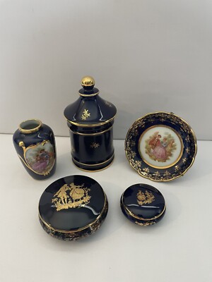 Lot of 5 Vintage Limoges Castel Cobalt Blue 22K Gold Trinket Box Vase Plate