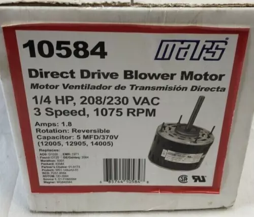 Mars 10584 Blower Motor-1/4 HP-230V-Direct Drive-1/2" X 4" Shaft-1075 RPM-Revers