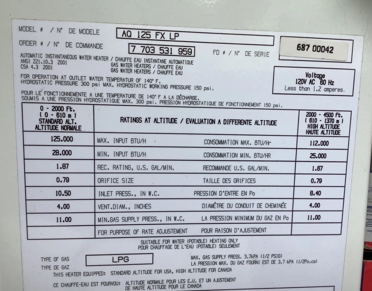 Bosch Tankless Water Heater AQ 125 FX LP Diaphragm Switch Main Burner