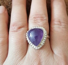 Purple Natural Amethyst sterling silver gemstone Crystal Teardrop Love Ring sz 8