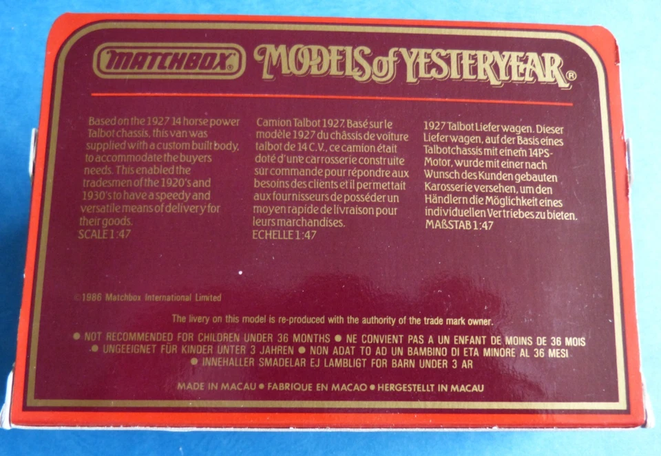 1986 Matchbox Modell Y 5 1927 Talbot Van Lyle´s Syrup Models of Yesterday 1:47 - Bild 2 von 3