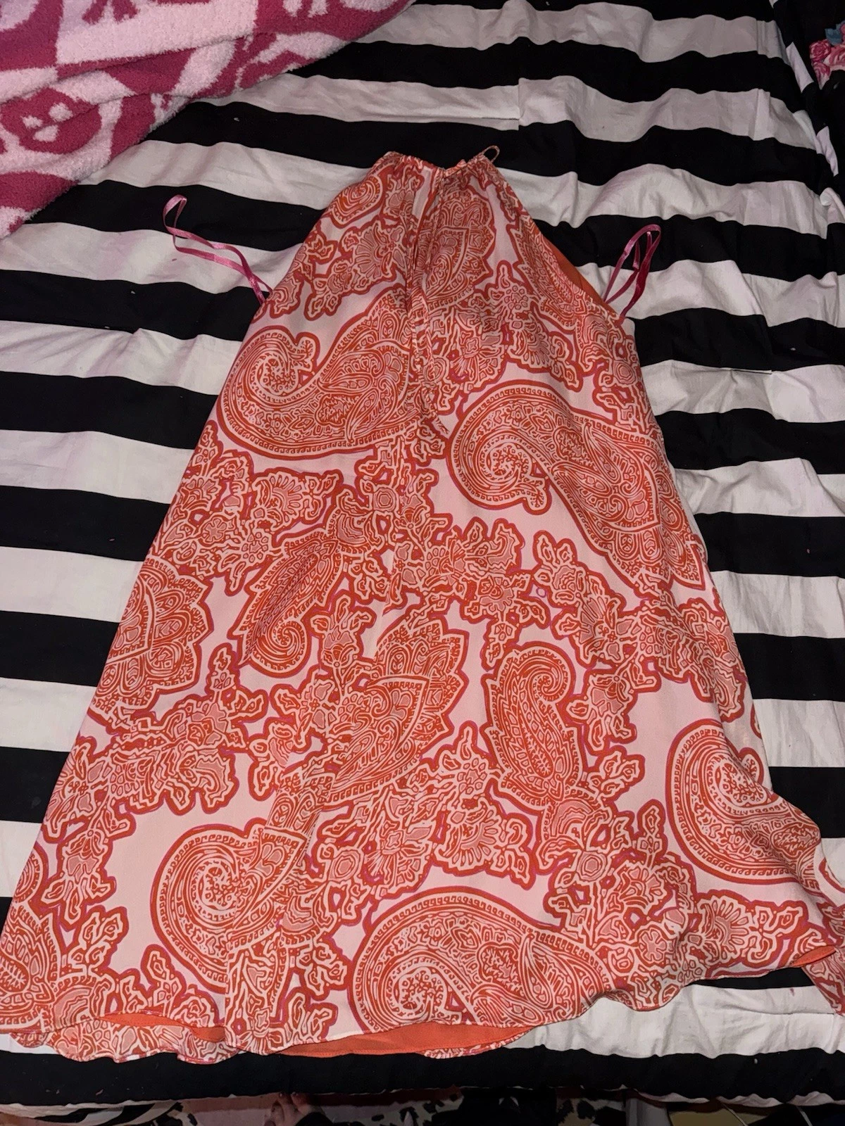 ABITO MICHAEL KORS Tg L 100% SETA Arancione Bianco Stampa Foderato Regolabile Cravatta Schienale