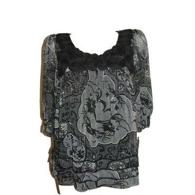 ECI New York Women Black White Paisley Floral Rosette Puff Sleeve Blouse Size 4