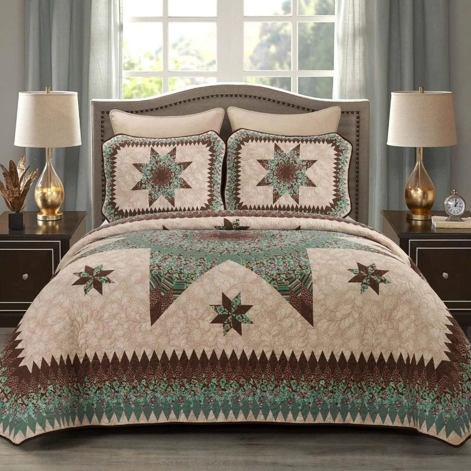 Donna Sharp Sea Breeze Star Quilt **King** 3-PC Set Floral Country Cottage Teal - Image 2 of 4