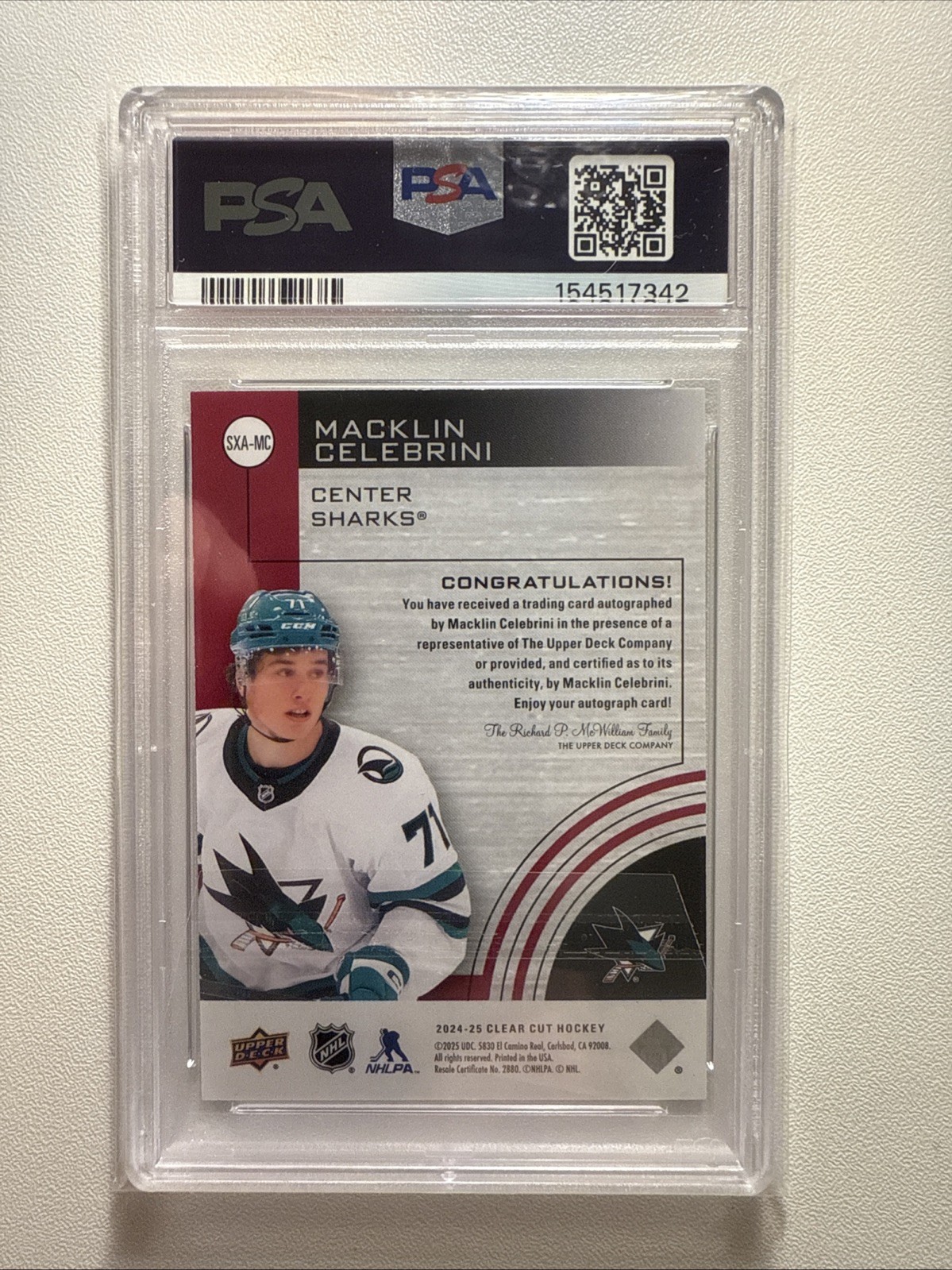 2024 Upper Deck Clear Cut Macklin Celebrini Rookie Auto PSA 10 Gem MT RC POP 5 view 3