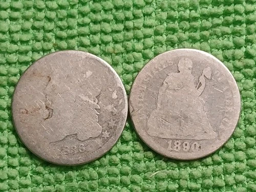 1890 Seated Liberty Dime & 1836 Capped Bust Dime 90% Silver Coins