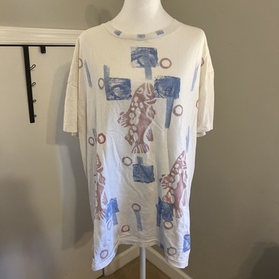 Rare 1988 Blue Fish Hand Printed Women s Tee With Pink Fish Print