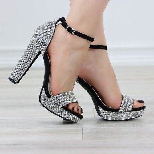 Black And Silver Sparkly Rhinestone Platform High Heels - Picture 5 of 12