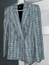 Zara Blue & White Boucle Women’s Double Breasted Blazer Jacket New Size S 8 UK