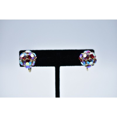 Kramer Vintage Crystal Clip On Earrings Red Aurora Borealis Signed 1950s Bin4