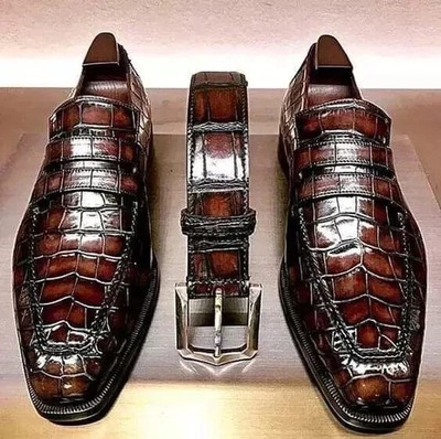 Tailor Hand Made Luxury Deep Mahogany Brown Alligator Leather Slip-On Loafers