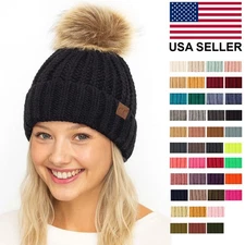 C.C Women Winter Soft Warm Fleece Lined Knit 40 Colors Pom Pom Beanie Hat