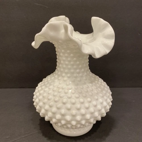 Vintage MCM Fenton White Milk Glass Hobnail Vase Ruffled Crimped Edge 7"