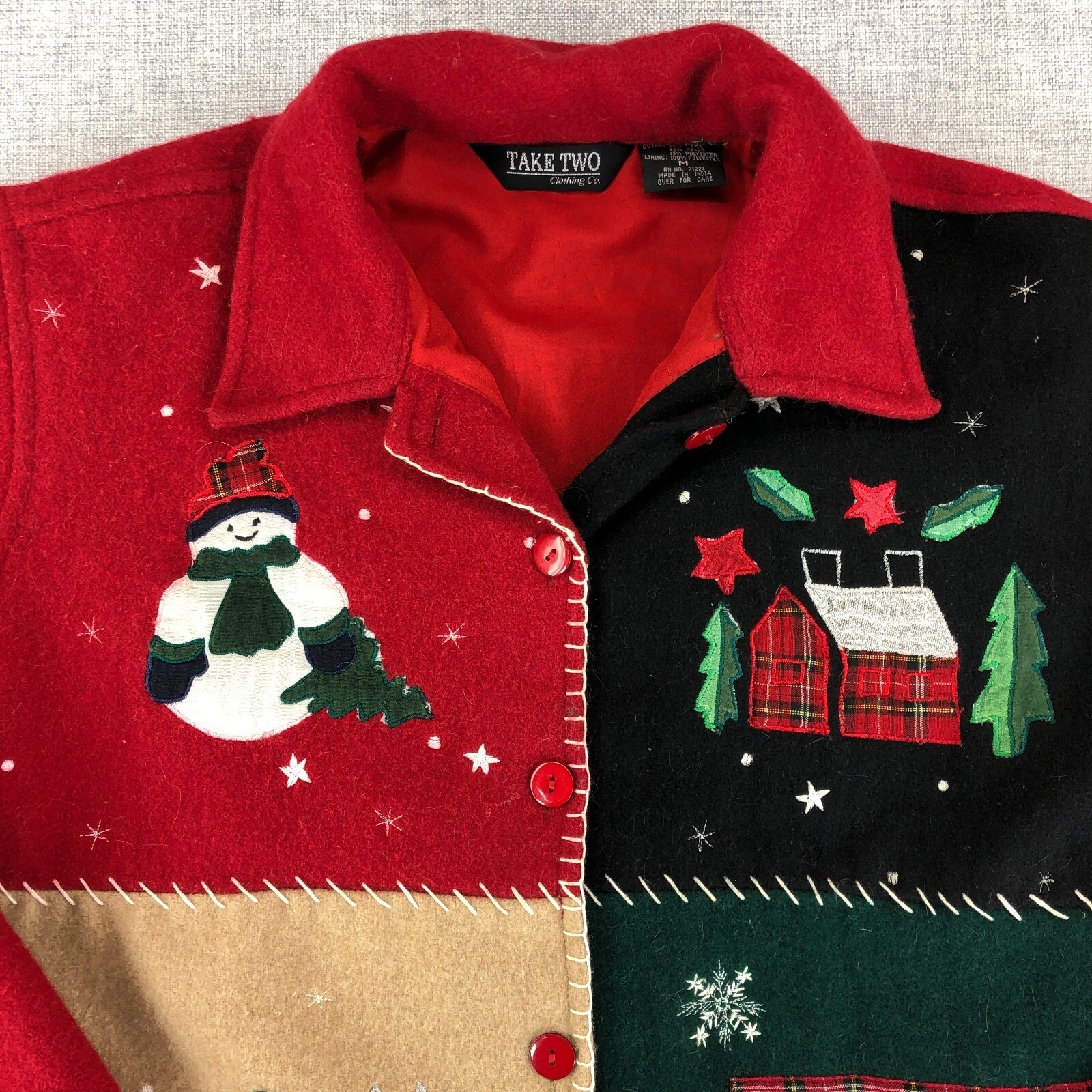 Vintage Winter Christmas Patchwork Wool Button Up… - image 2