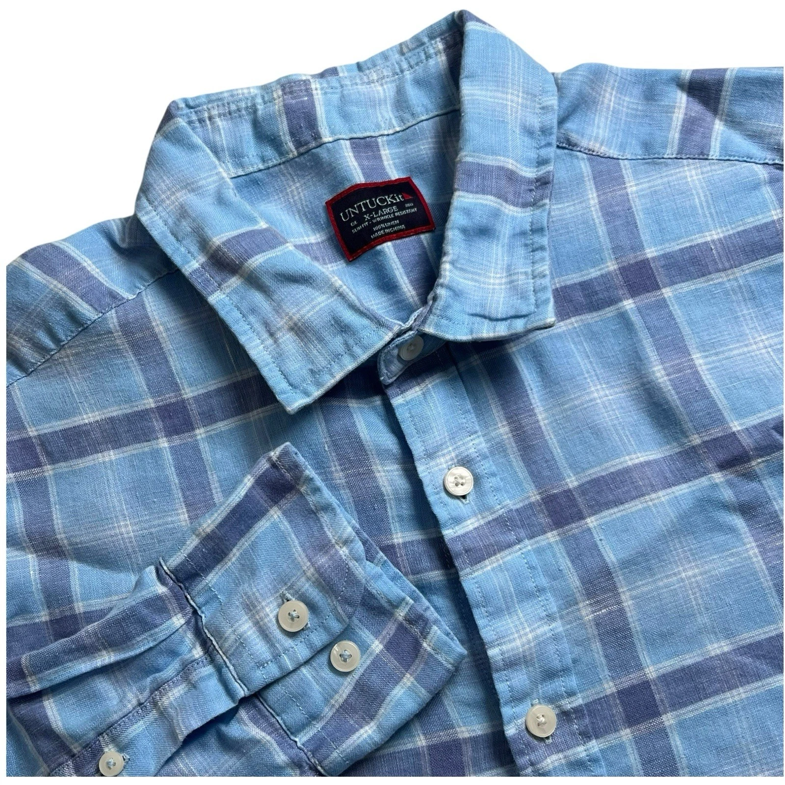 Untuckit Belmont WR Mens XL 100% Linen Blue Plaid Long Sleeve Button Up Shirt