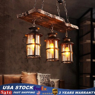 3-Light Farmhouse Loft Rustic Chandelier Wood Pendant Ceiling Light Fixture Lamp