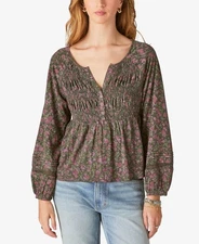 LUCKY BRAND Babydoll Top Sz L Black Pink Floral Textured Smock VNeck 100% Cotton