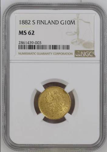 1882 S Finland 10 Markkaa G(old Coin NGC MS62 UNC