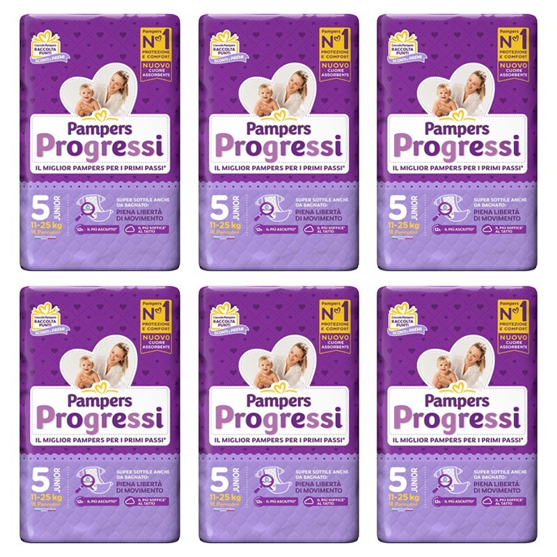 108 Pannolini PAMPERS PROGRESSI Pannolini Bambini taglia 5 Junior 11-25 kg NUOVI