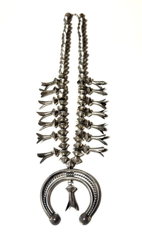 Statement Estate Vintage Native American Sterling Silver Squash Blossom Necklace