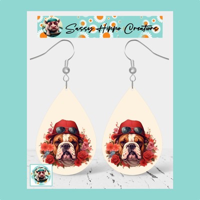 Earrings English Bulldog Dog Puppy Hat Anthropomorphic MDF Hook Backs Sublimated