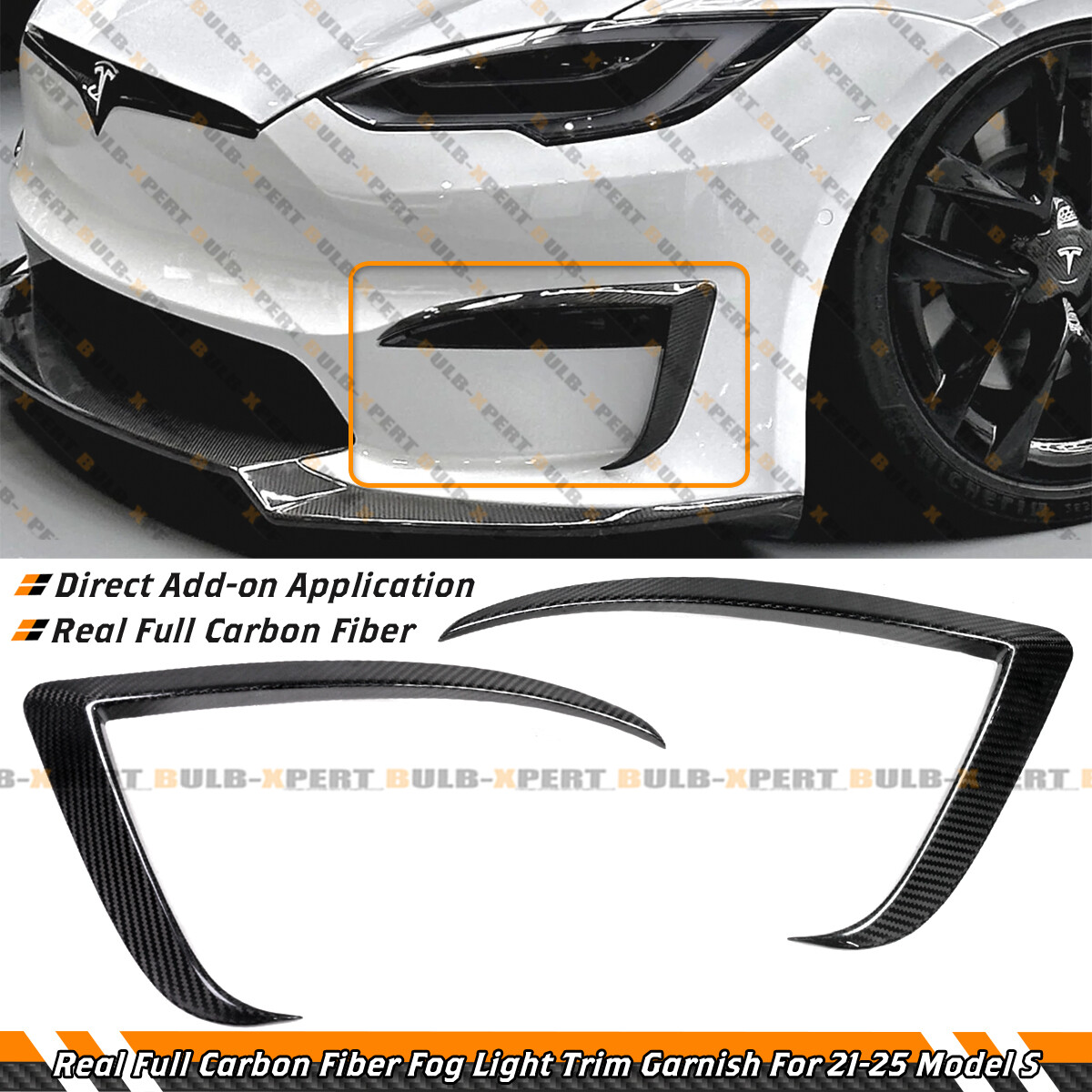 For 2021-25 Tesla Model S Full Carbon Fiber Front Bumper Fog Light Garnish Trim