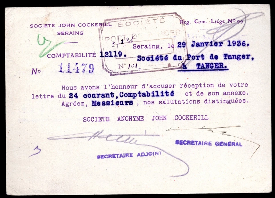 BELGIUM 1936 ADVERTISING COCKERILL CARD SERAING TO TANGIER SOLITE JOHN COCKERIL - Image 2 of 2