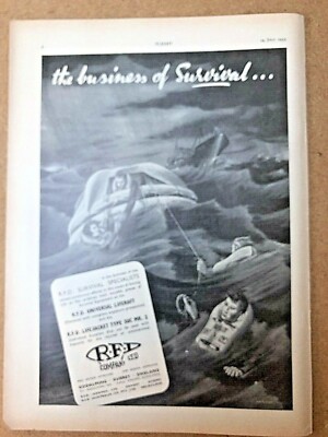1953 Flugzeug Werbung RFD SURVIVAL UNIVERSAL RETTUNGSINSEL RETTUNGSWESTE TYP 50C MK. 2