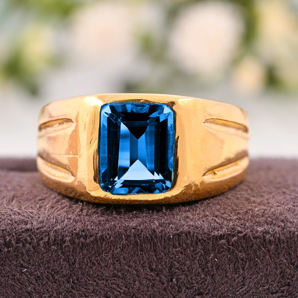 14K Yellow Gold London Blue Topaz AAA Natural Wedding Handmade Ring For Men Gift - Image 3 of 3