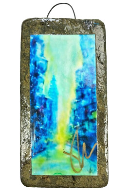 Art Stone Wall Tile Plaque Sign 3 x 6 Abstract Signed City Building Path