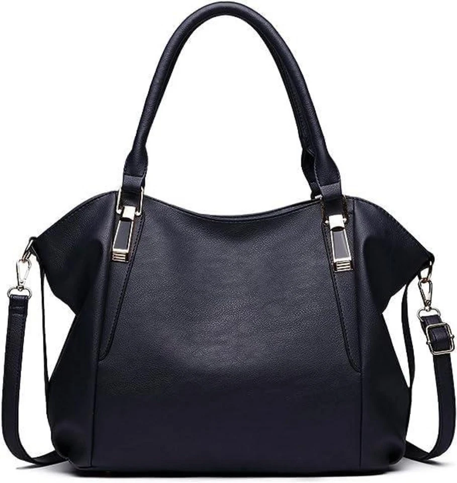 MISS LULU Damen Tote Umhängetasche Schultertasche, Elegante Handtasche Navy Leder