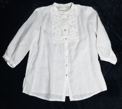💕Max Studio Specialty Prod 💕100% Linen Blouse Top M White Ribbon Embroid EUC