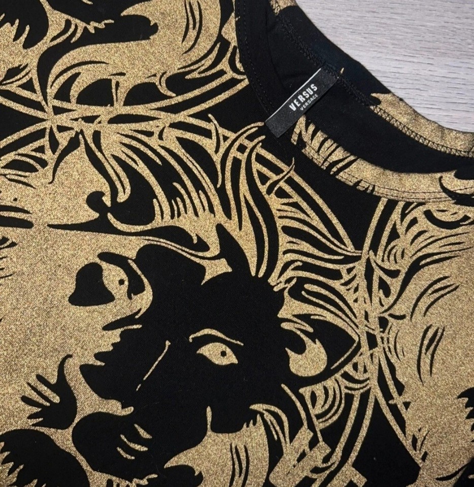 Gianni Versace Tshirt Mens Gold Lion AllOver Logo Print Cotton Black