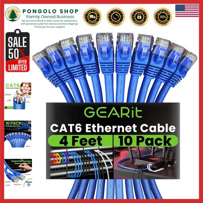 Pack of 10 High-Speed Cat 6 Ethernet Cables - 4 Feet - Reliable RJ45 Connections