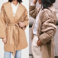 Nwt Divine Heritage Tan Camel Fringe Virgin Wool Belted Shawl Coat Sz Xs