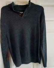 Chaps Sweater Mens XXL Gray Button Neck Pull Over Brown Suede Elbows Academia 